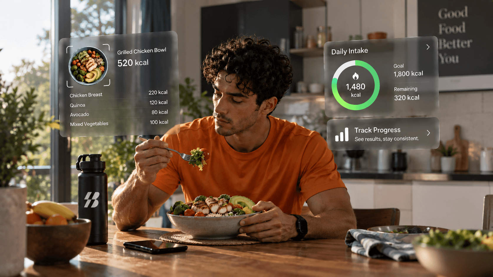 Client eating a bowl at a kitchen table with the day's intake card composited beside them