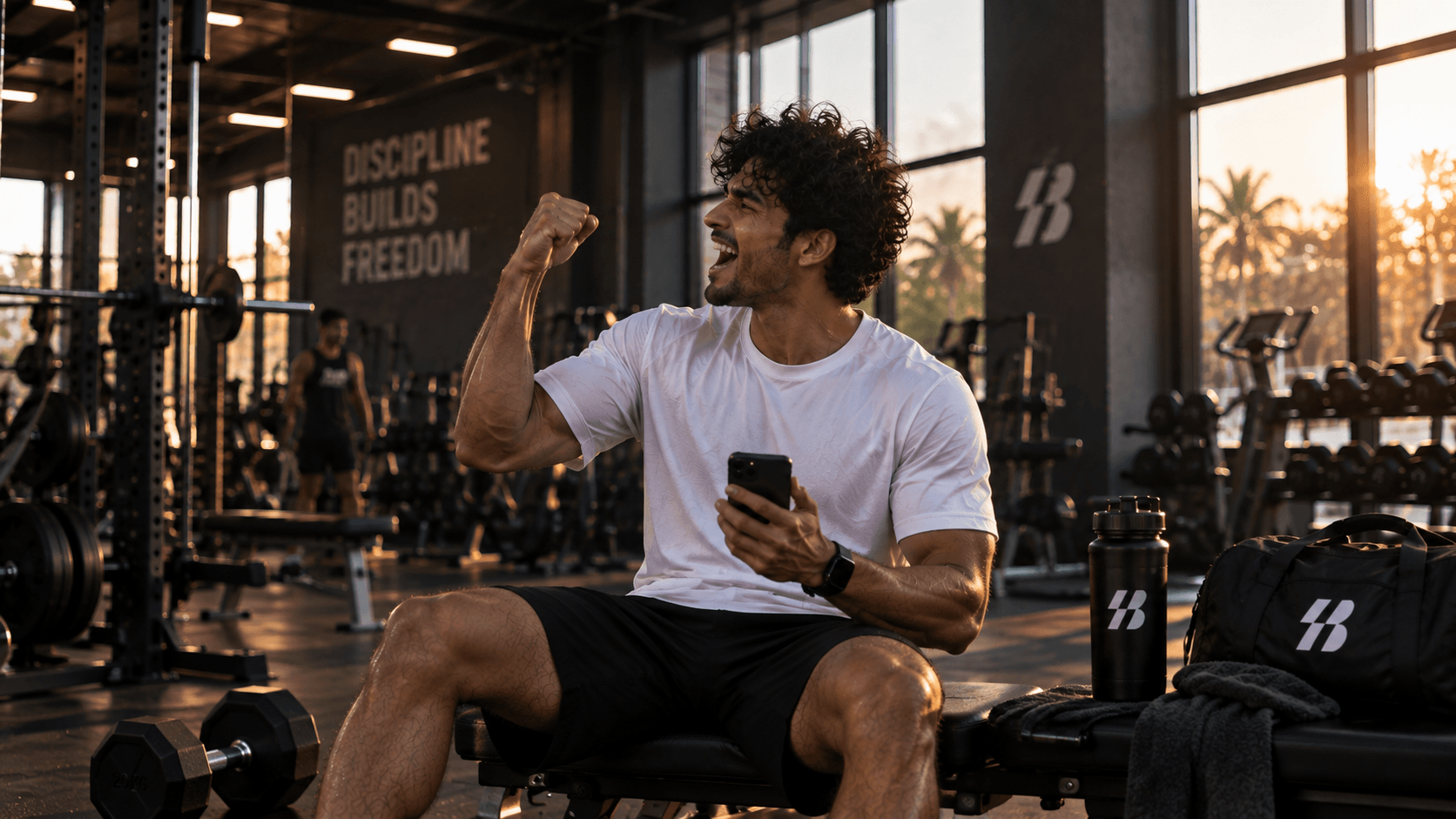 Client celebrating on a gym bench under a DISCIPLINE BUILDS FREEDOM wall