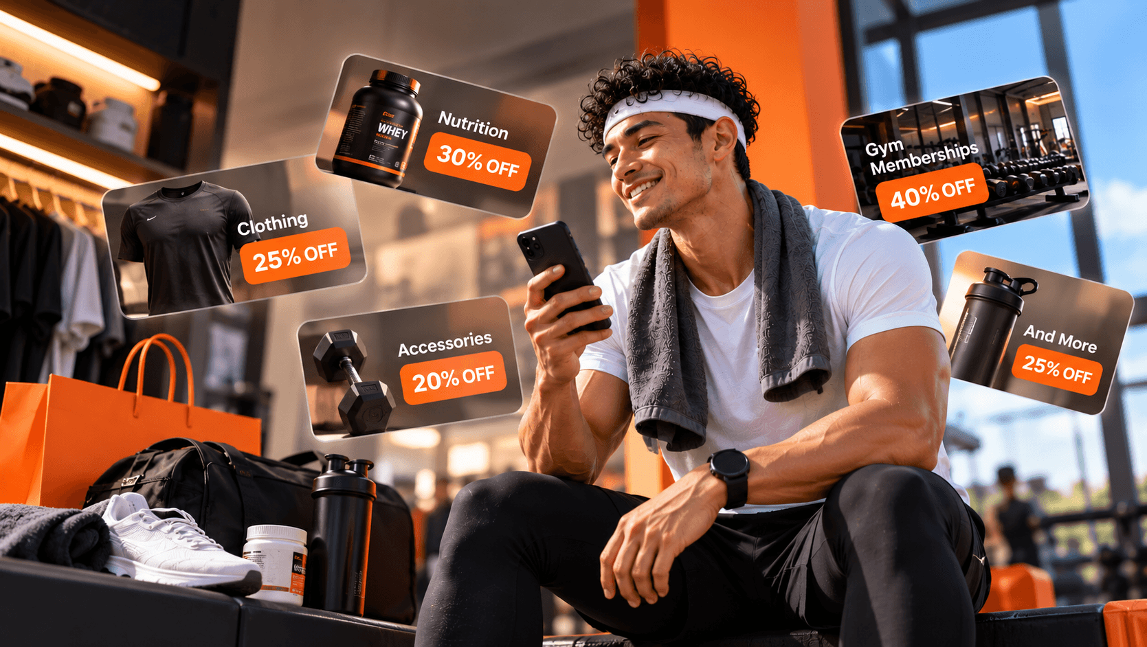 Client on a gym bench with partner discount cards composited around them