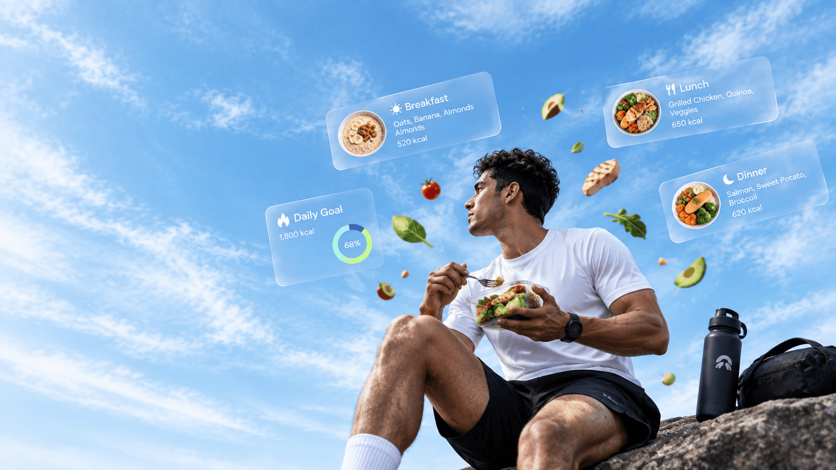 Client eating outdoors with their day's meals composited around them