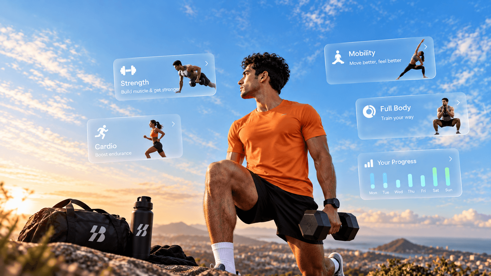 Dumbbell lunge at sunrise with strength, cardio and mobility cards composited alongside