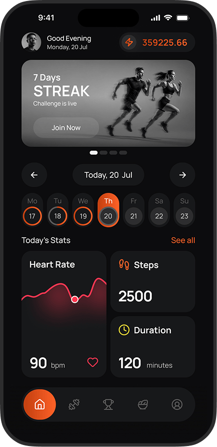 BELVL app Home tab showing the day's streak, week row and stats