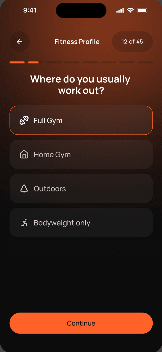 Belvl app screen: choosing where you work out