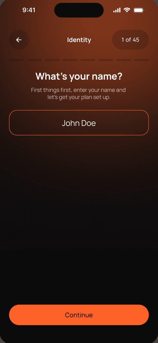 Belvl app screen: It starts with your name
