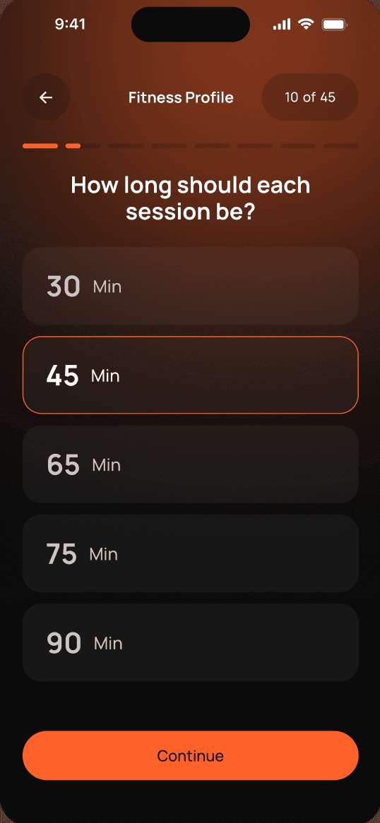 Belvl app screen: choosing session length